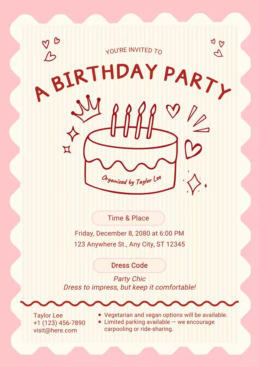 Poster Undangan Ulang Tahun Minimalis Berwarna Merah Muda