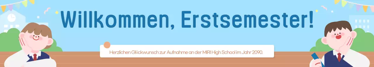 Ein niedliches, himmelblaues Werbeplakat zur Feier der Ankunft neuer Schüler.