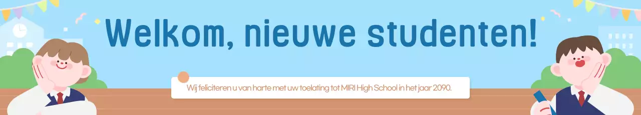 Een schattige, lichtblauwe promotieposter om de komst van nieuwe studenten te vieren.