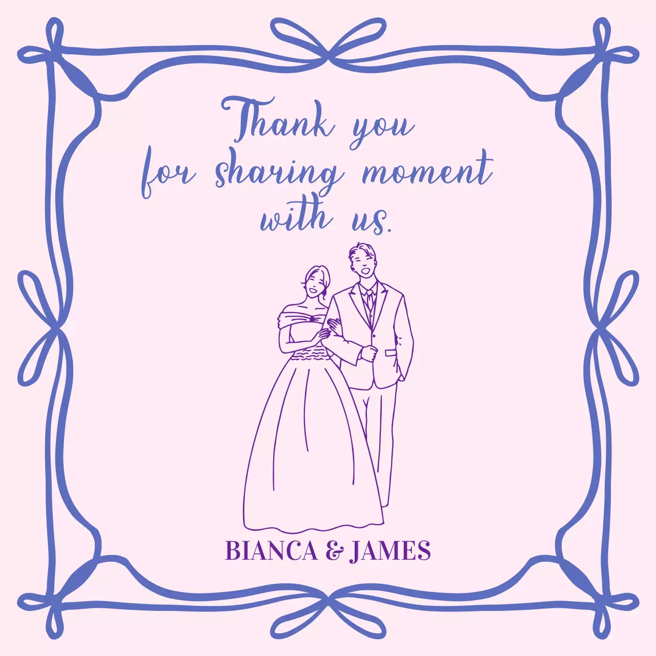 보라색 신랑 신부가 있는 귀여운 파란색 리본 액자