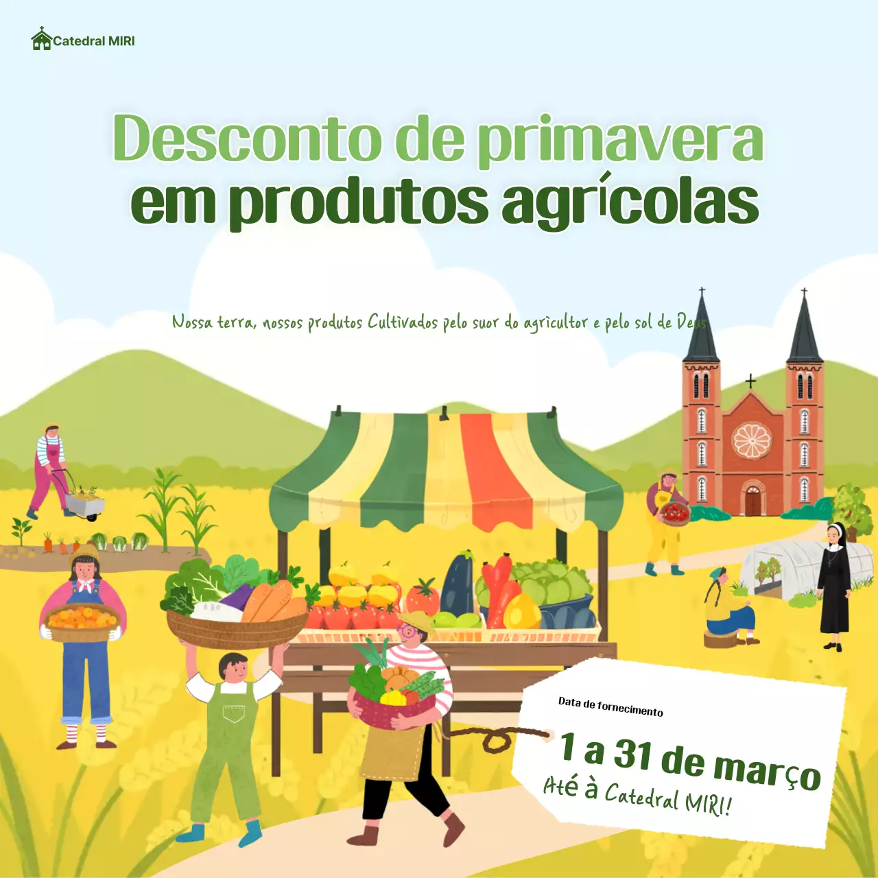 Evento de desconto em produtos agrícolas verdes e charmosos