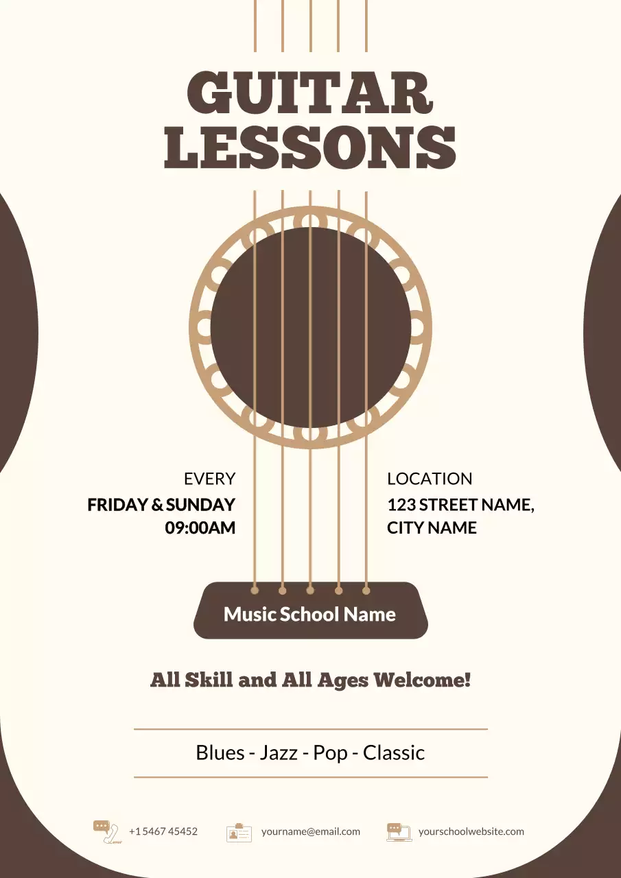 Iklan Kursus Gitar Klasik Berwarna Krem