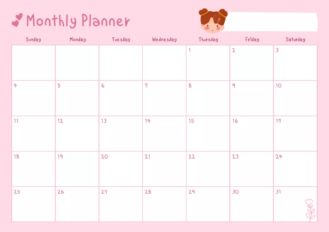 Pink minimal monthly planner schedule