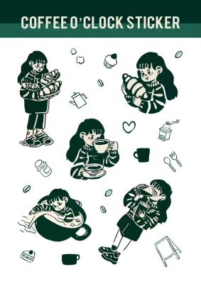 초록 아기자기한 커피 스티커