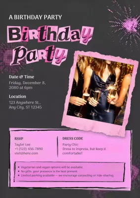 Poster Undangan Ulang Tahun Retro Warna Pink