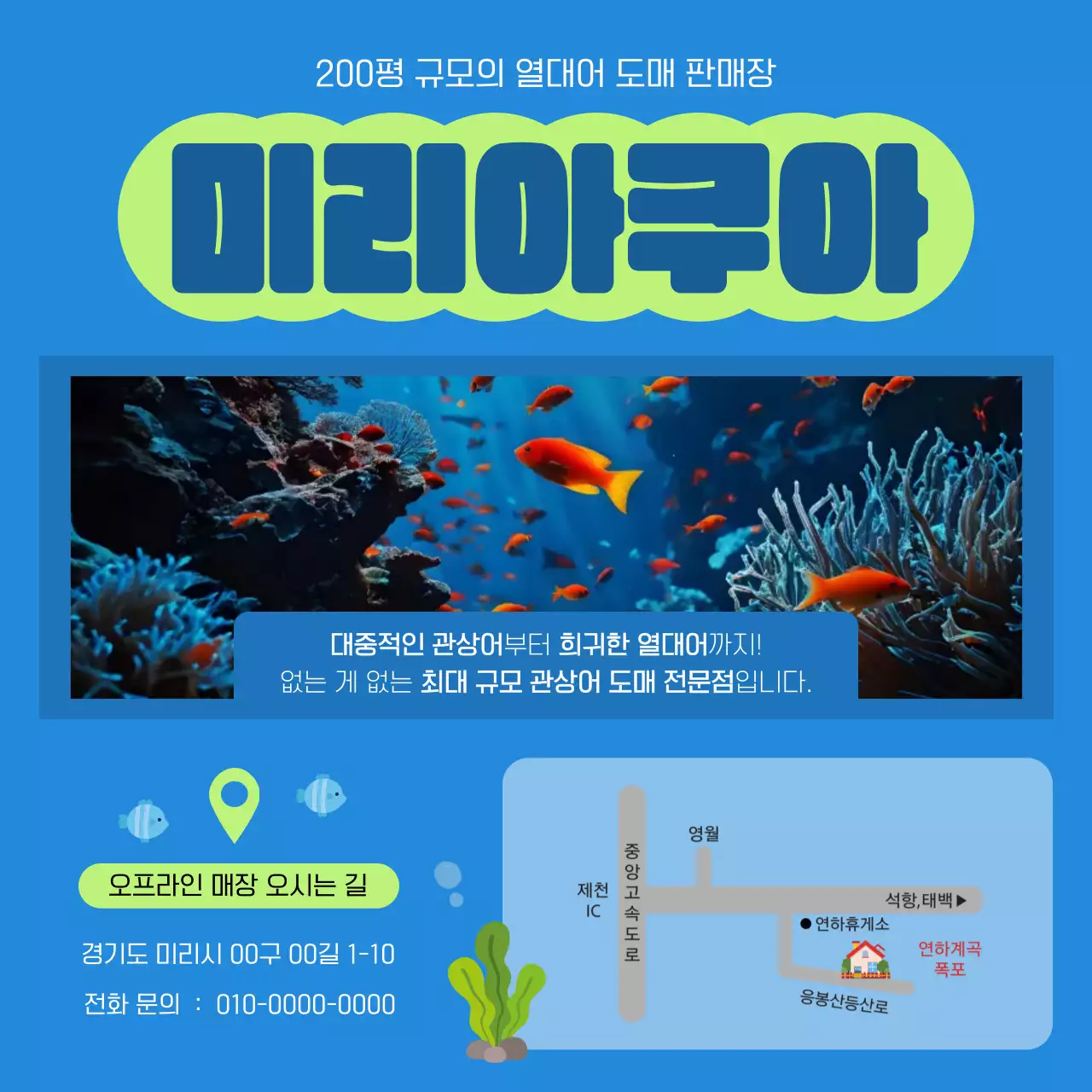 파란색의 깔끔한 열대어 도매 판매점 광고