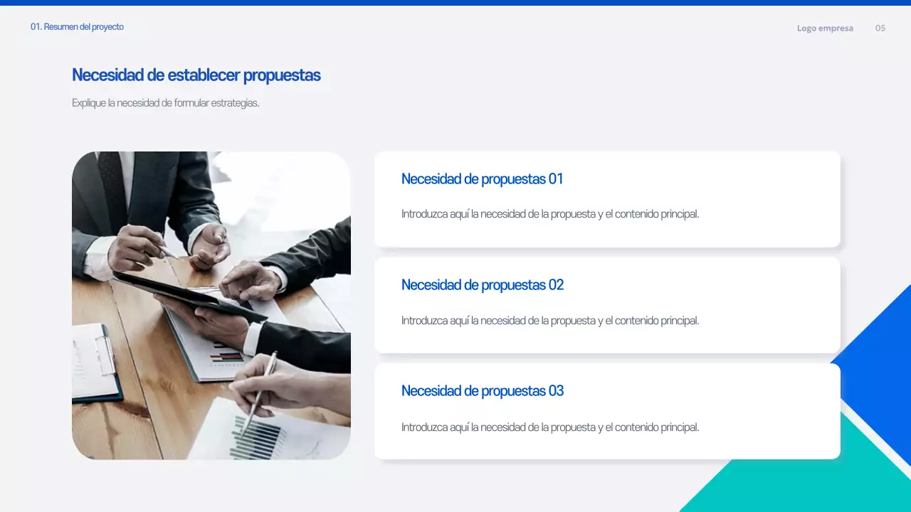 Documento de planificación de la propuesta moderna azul