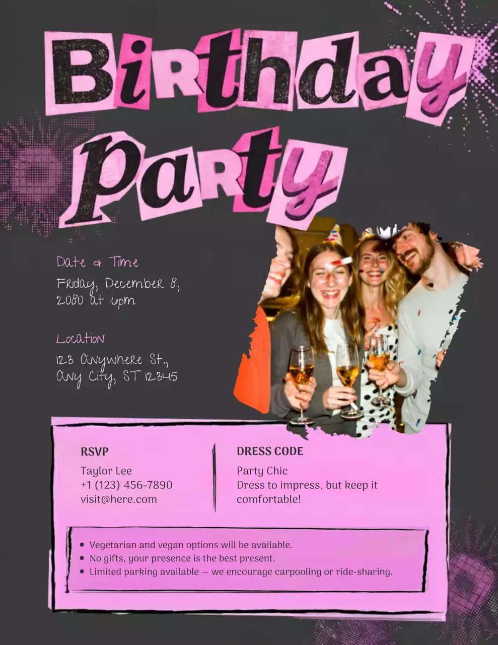 Poster Undangan Ulang Tahun Retro Warna Pink