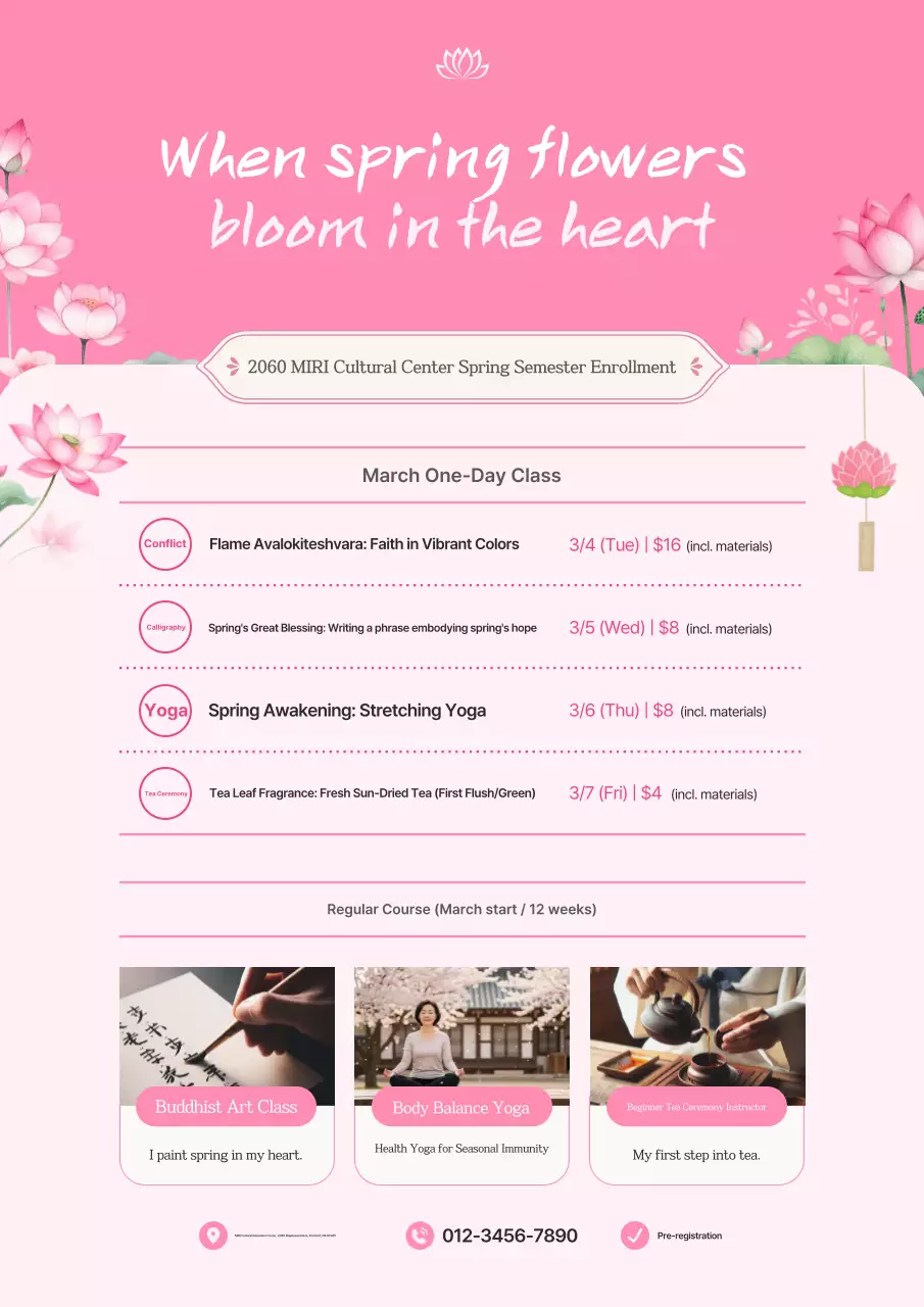 Quảng bá các bài giảng về văn hóa chùa chiền Hàn Quốc với tông màu hồng.