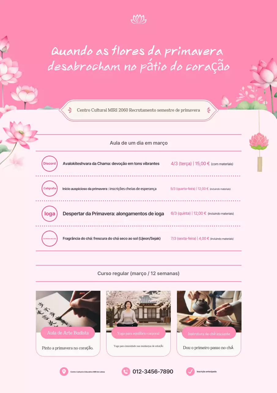 Promoção de palestras sobre a cultura dos templos coreanos em tons de rosa.