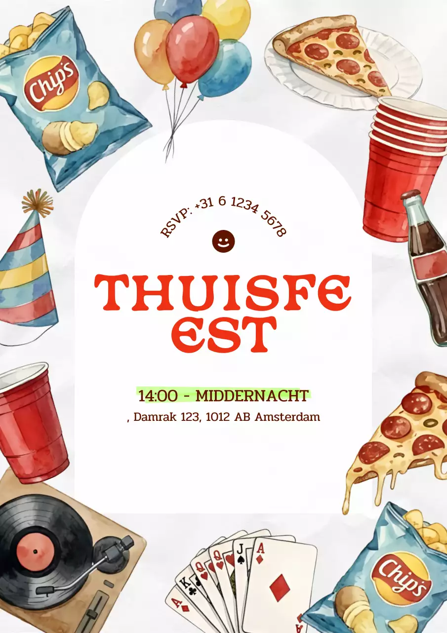 Kleurrijke uitnodiging voor een huisfeest