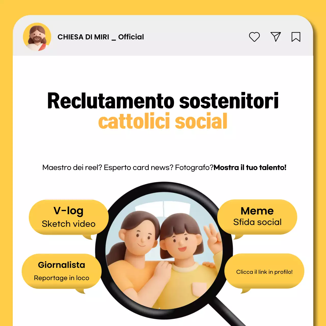 Reclutamento volontari per l'evento della Chiesa cattolica moderna gialla