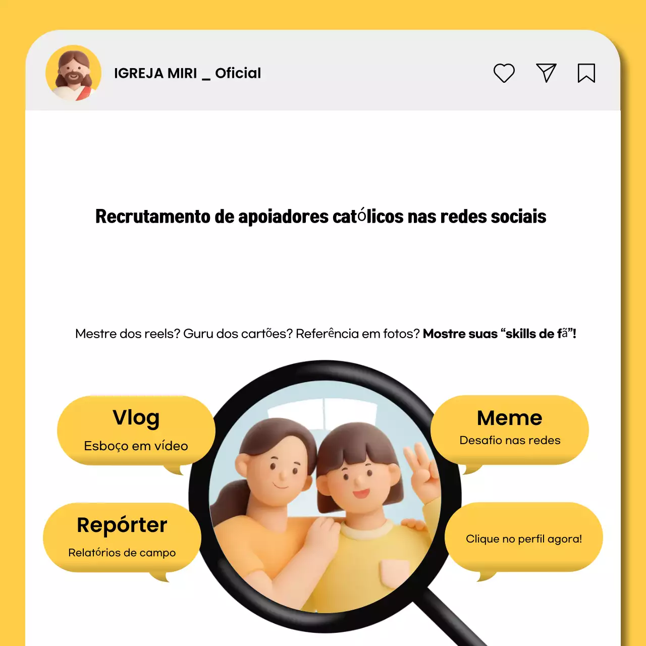 Recrutamento de voluntários para evento na Igreja Católica Moderna Amarela