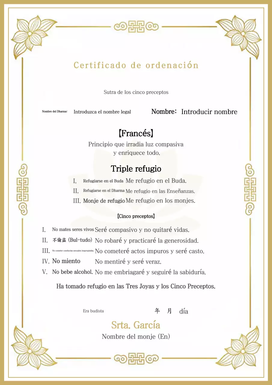 Certificado de Ordenación Budista Tradicional de Oro