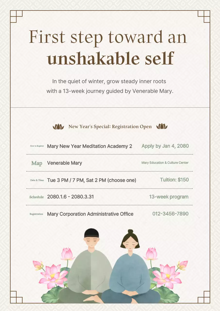 Các lớp thiền Phật giáo truyền thống có hướng dẫn, màu be.