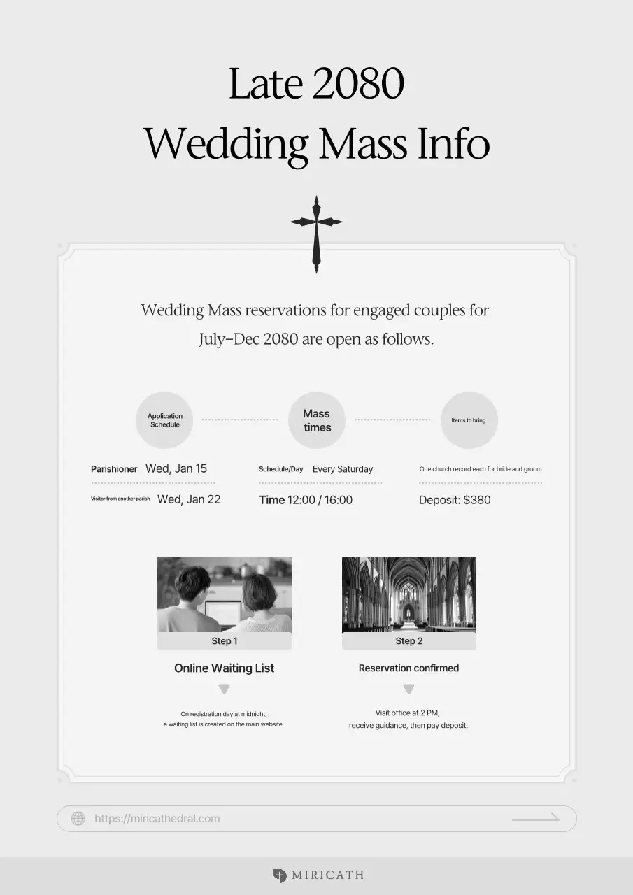 Promotion of a clean, gray Catholic wedding hall