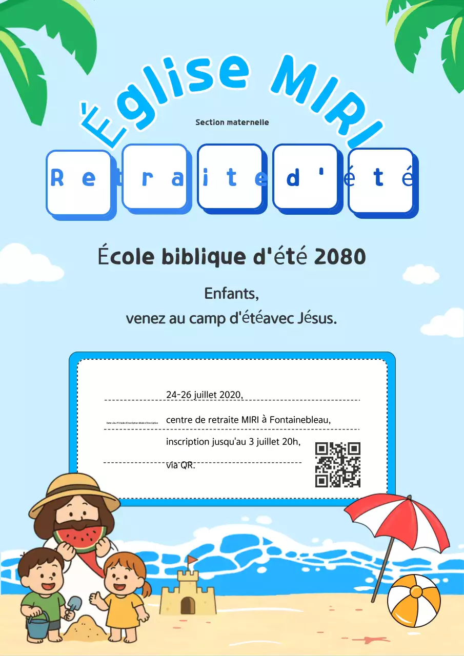 Informations sur la charmante retraite d'été chrétienne pour enfants aux tons bleu ciel.