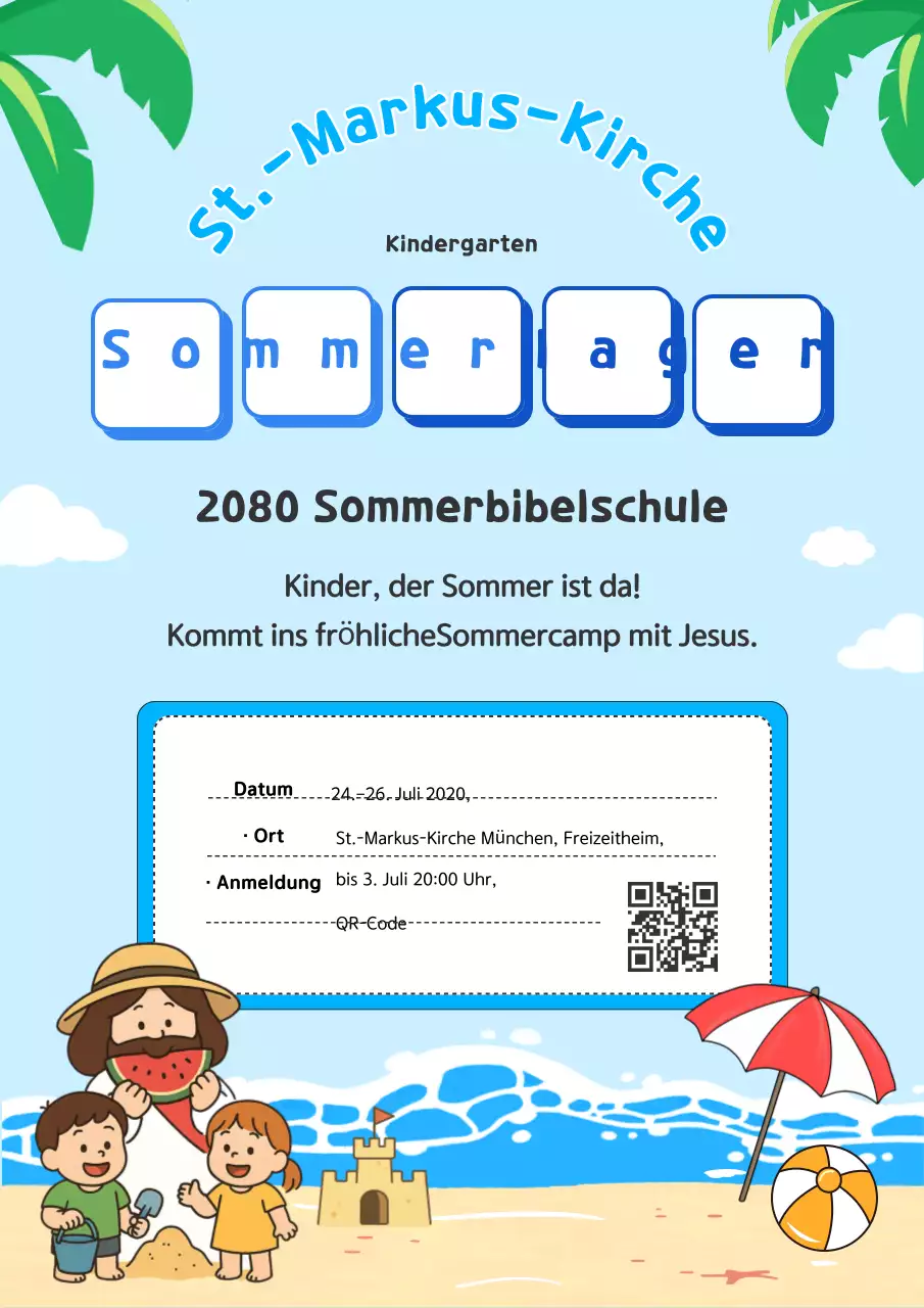 Informationen zum niedlichen, himmelblauen christlichen Kinder-Sommercamp
