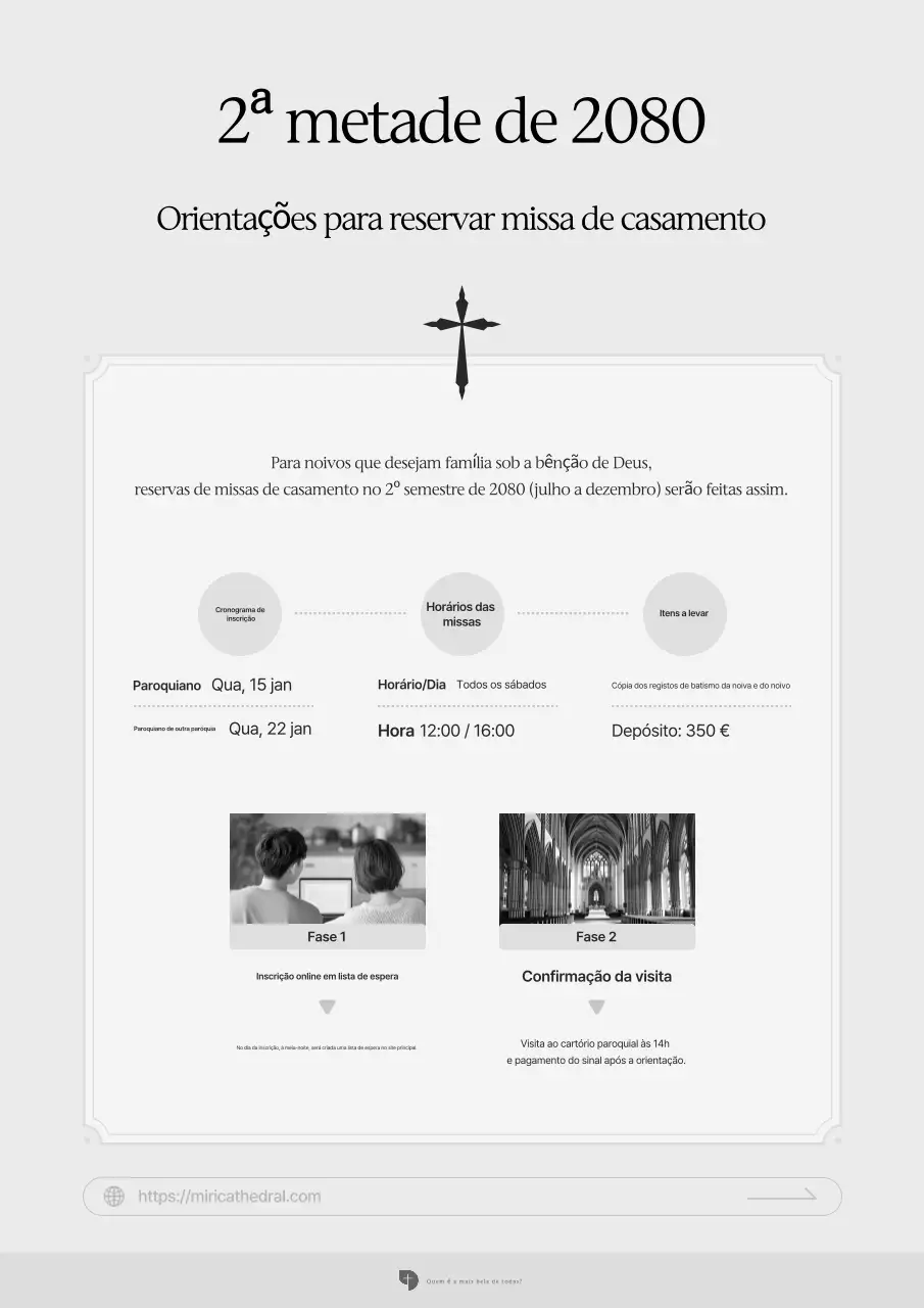 Promoção de um salão de casamento católico limpo e cinza.