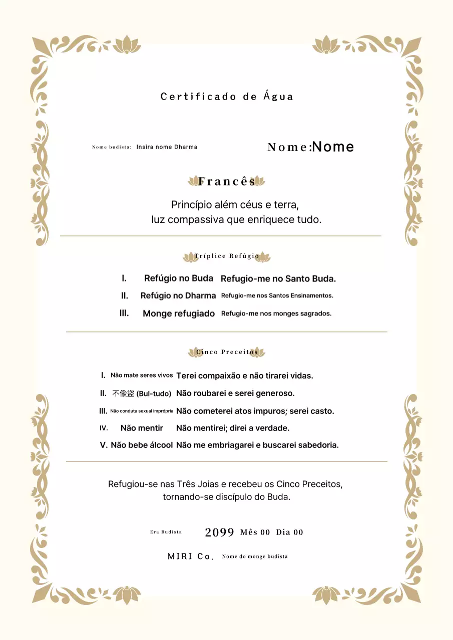 Certificado de Ordenação Budista Tradicional Bege