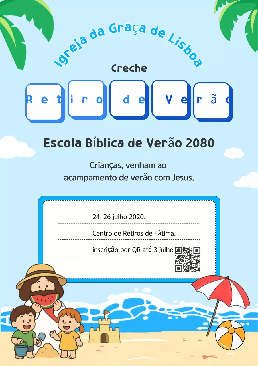 Informações sobre o adorável retiro cristão de verão para crianças, com decoração em tons de azul celeste.