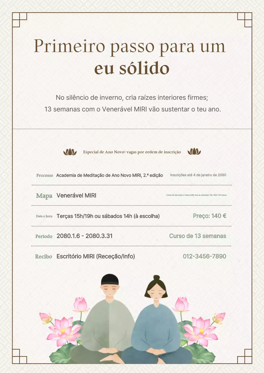 Aulas guiadas de meditação budista tradicional em tons de bege.