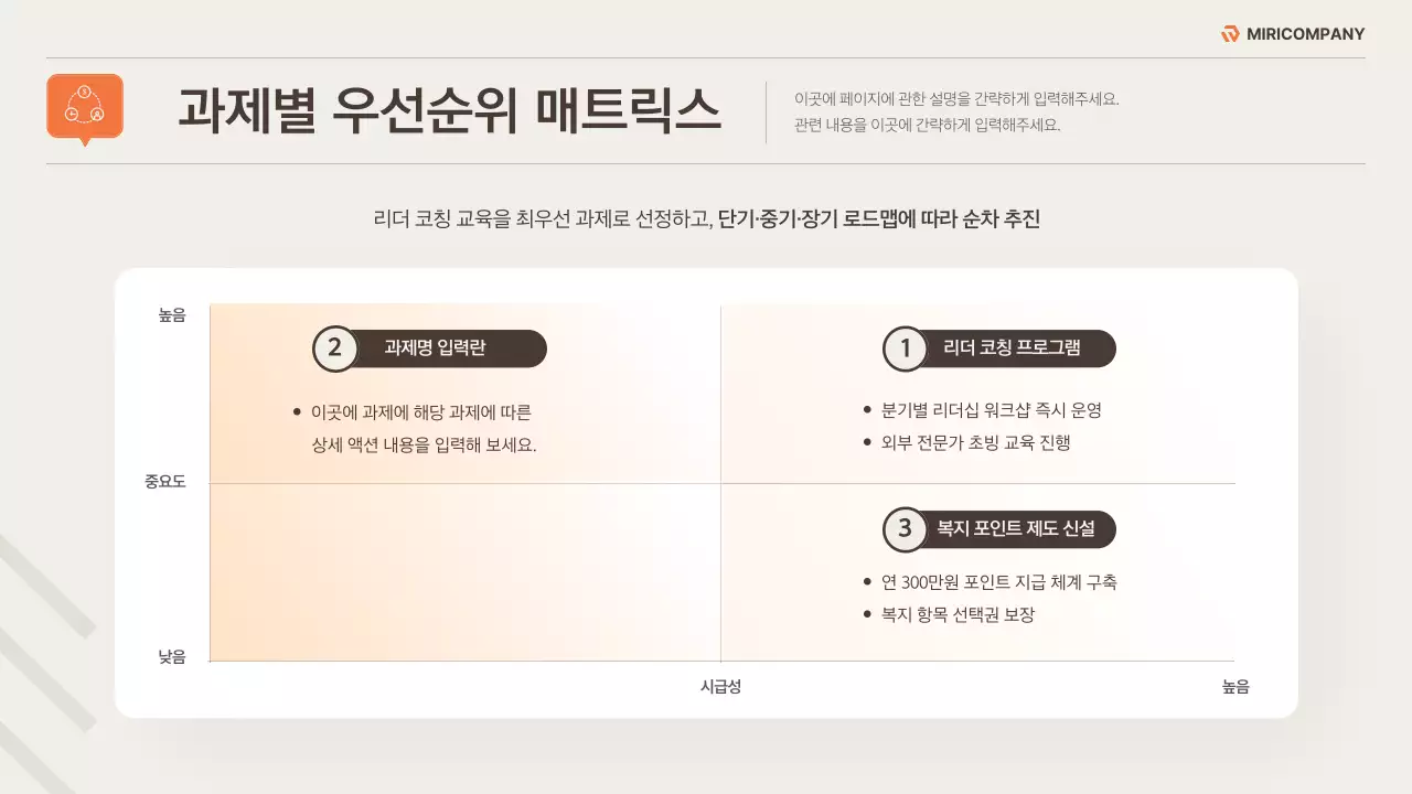 베이지와 주황색의 깔끔한 조직문화 개선 전략 기획서