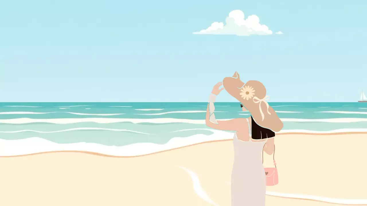 블루 스카이 미니멀리스트 비치에서 휴가를 보내는 소녀