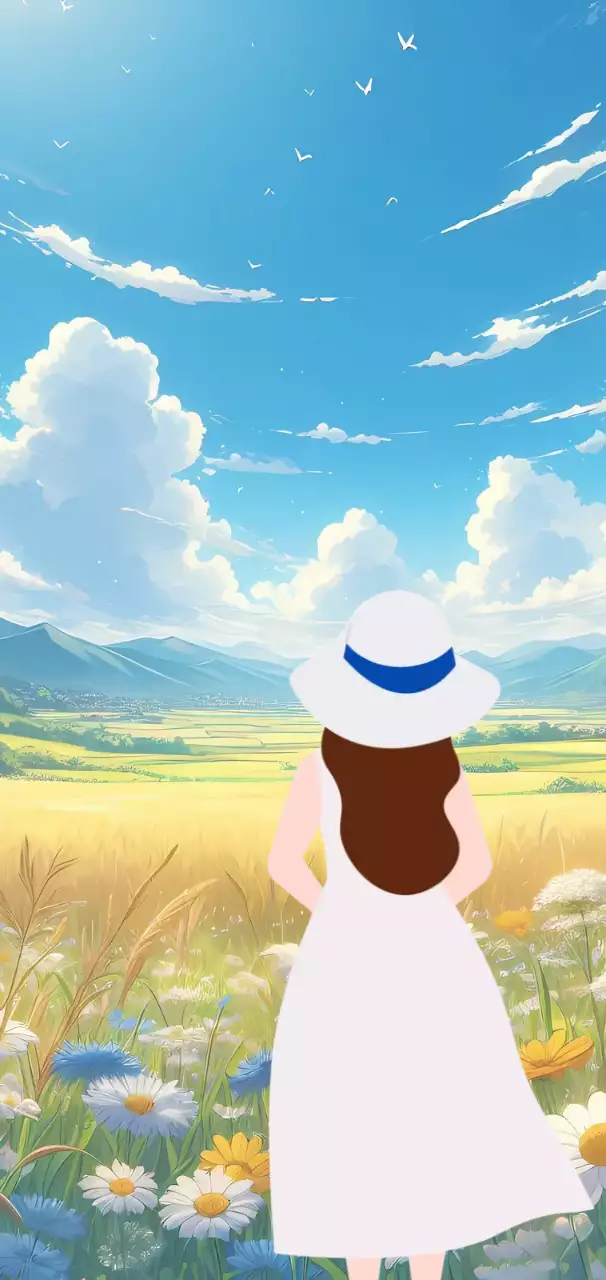 꽃밭 한가운데 푸른 하늘이 펼쳐진 자연 풍경 포스터