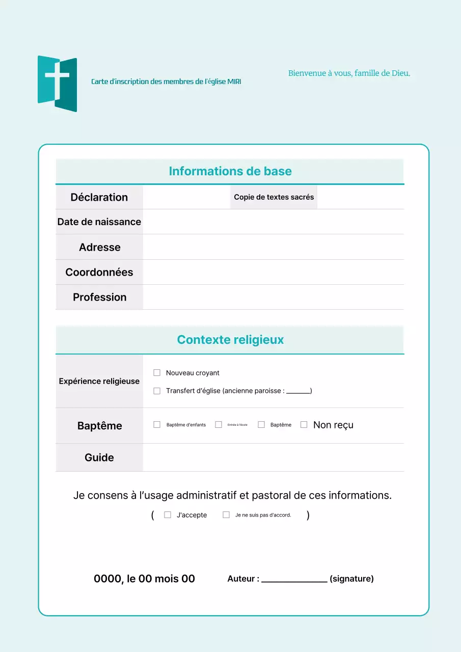 Description du formulaire d'inscription à l'église Sky Blue Clean
