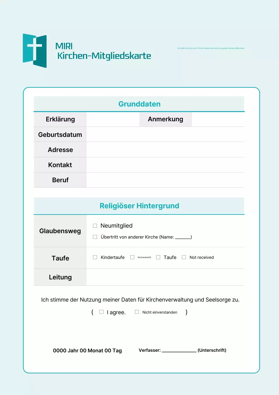Beschreibung des Anmeldeformulars für die Sky Blue Clean Church