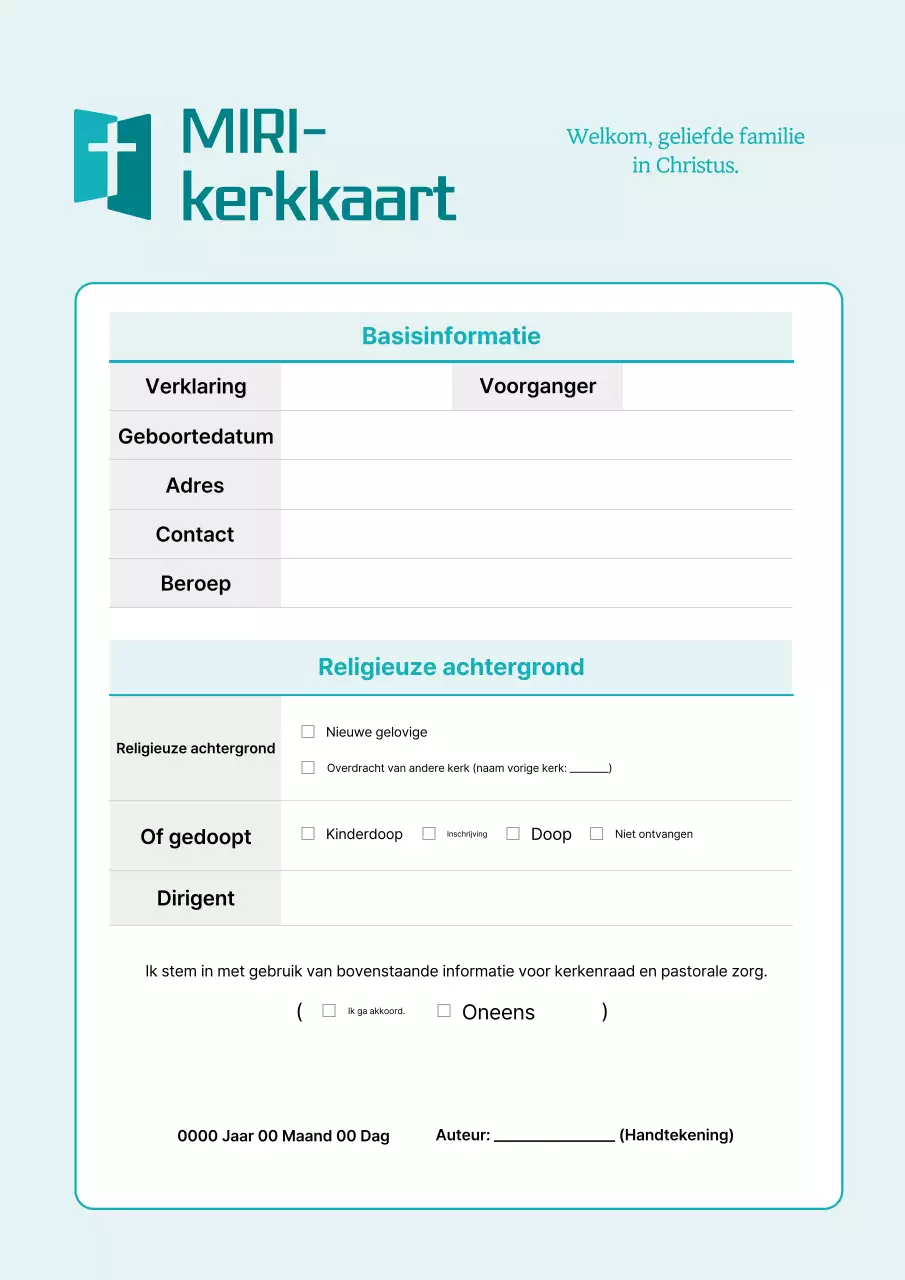 Sky Blue Clean Church Registratieformulier Beschrijving