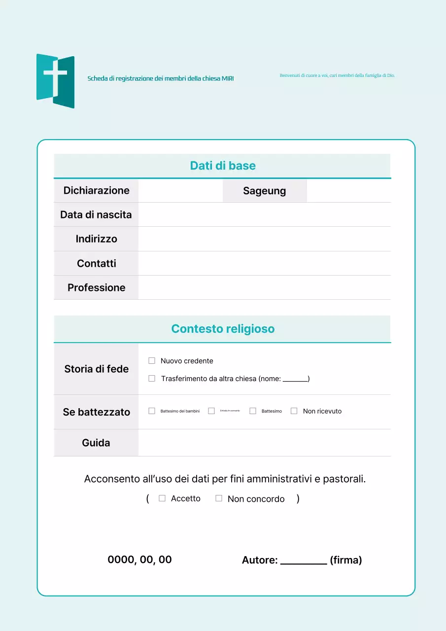 Descrizione del modulo di registrazione della chiesa Sky Blue Clean
