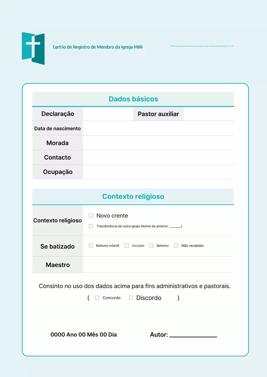 Descrição do Formulário de Inscrição da Igreja Sky Blue Clean