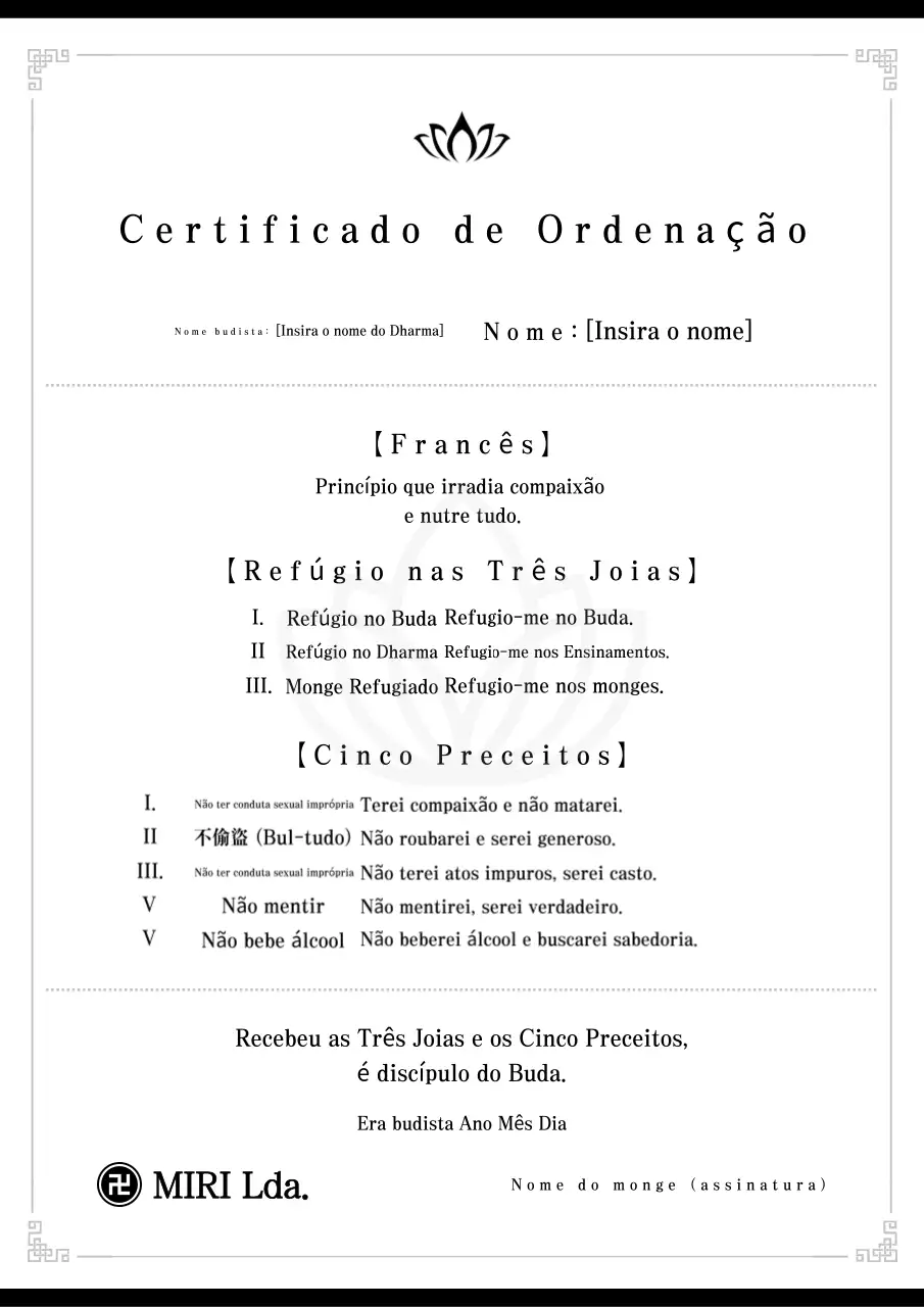 Certificado Budista Tradicional em Preto e Branco