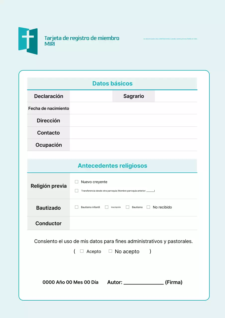 Descripción del formulario de registro de la Iglesia Sky Blue Clean