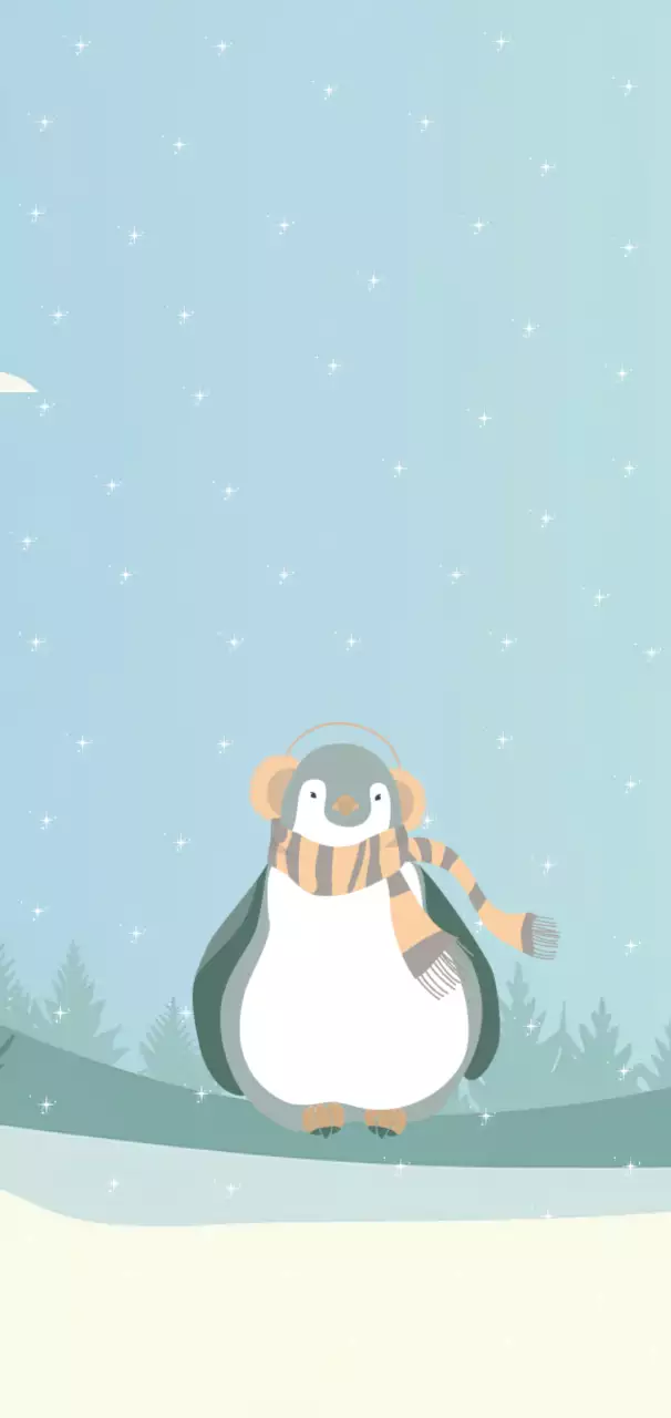 하늘색 겨울 엽서에 귀여운 펭귄들이 그려져 있습니다