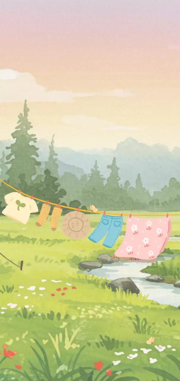 귀엽고 연한 초록색의 자연과 빨랫줄을 테마로 한 엽서