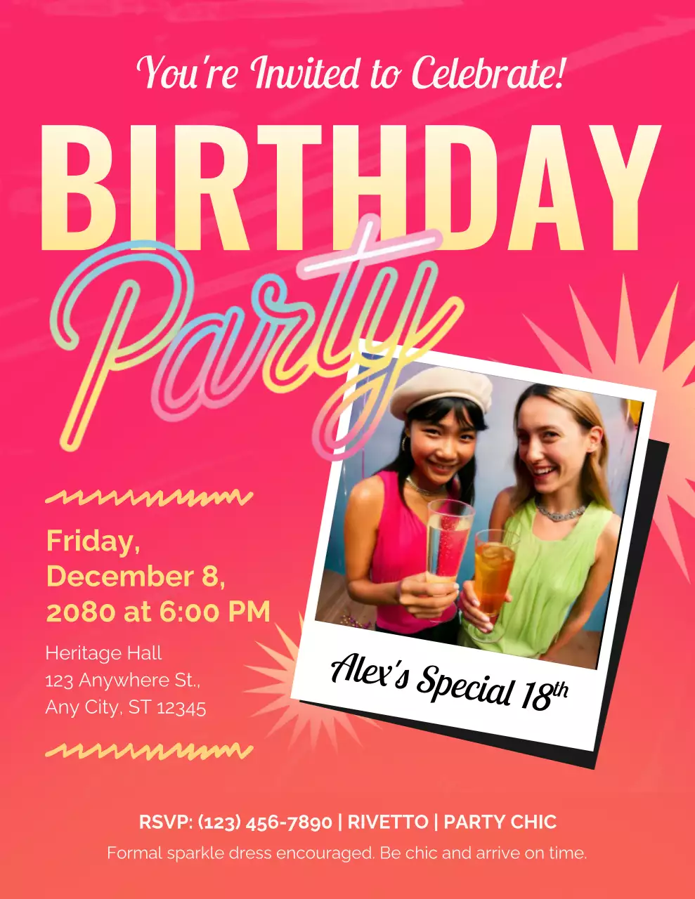 Poster thiệp mời sinh nhật phong cách retro màu hồng
