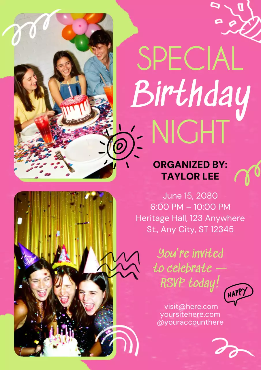 Pôster de convite de aniversário retrô rosa