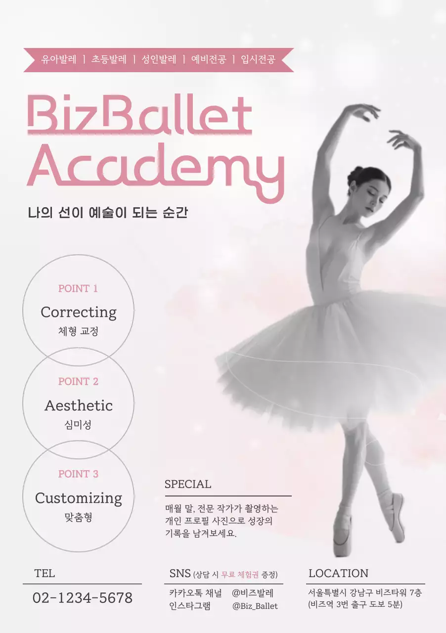 핑크 우아한 발레 홍보 전단지