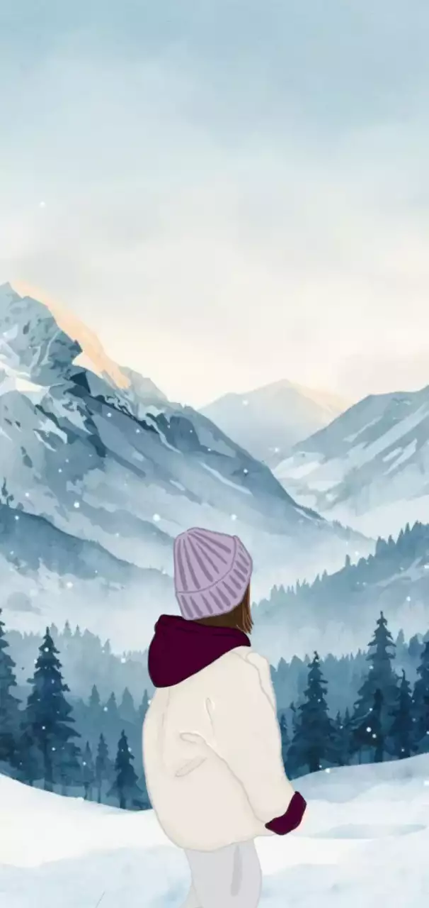 雪に覆われた山を背景に冬の女の子の自然ポスター