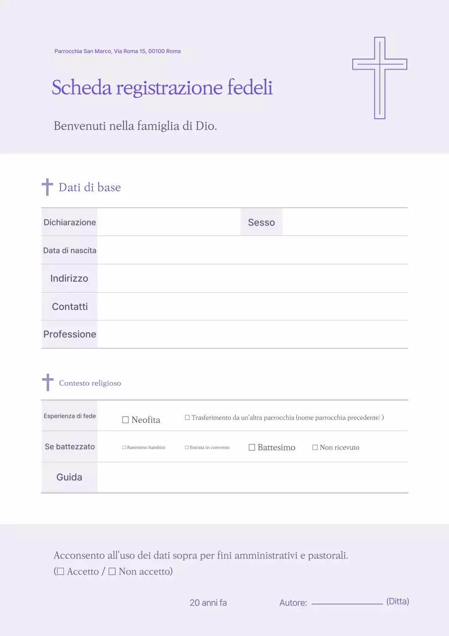 Testo semplice per la scheda di registrazione della chiesa in viola