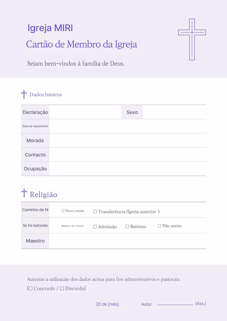 Texto simples para ficha de inscrição na igreja em Yeonbora