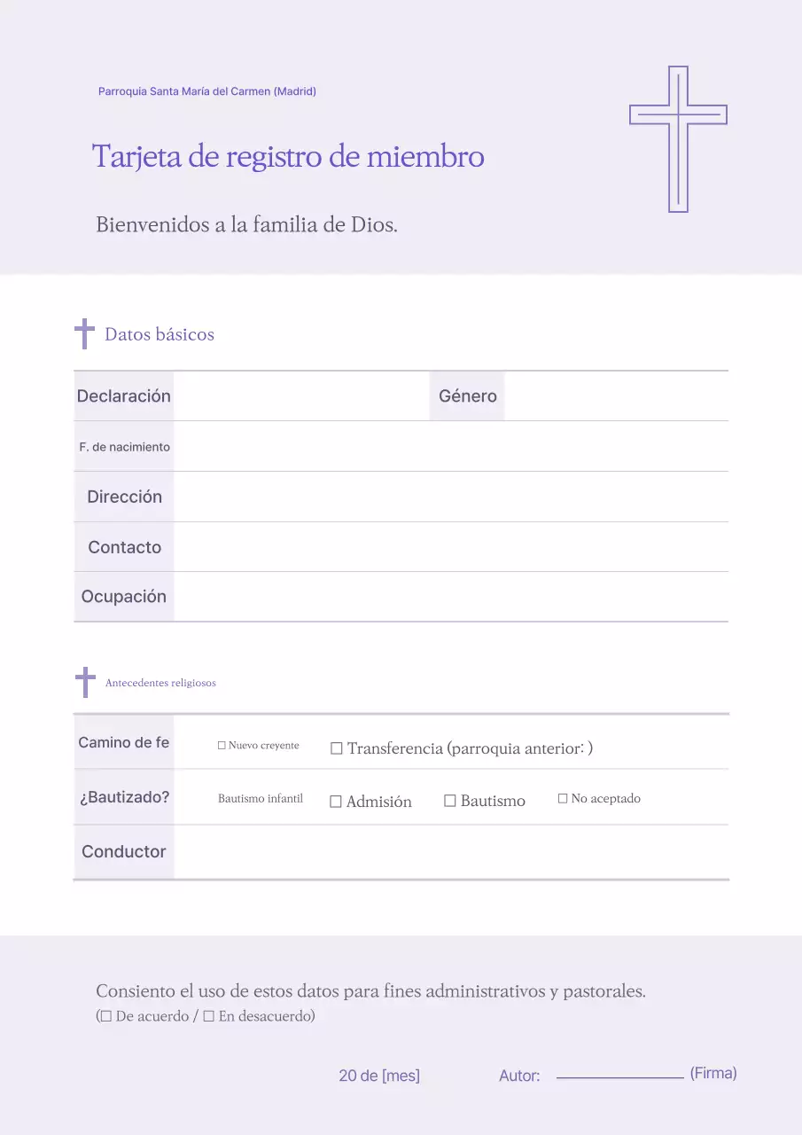Texto simple para la tarjeta de registro de la iglesia en Yeonbora