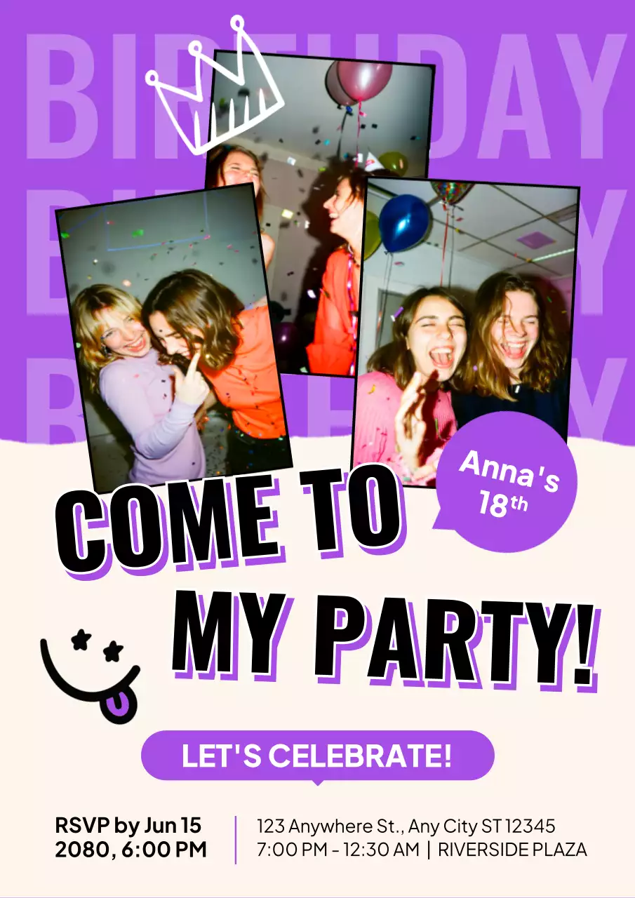 Poster thiệp mời sinh nhật phong cách retro màu tím