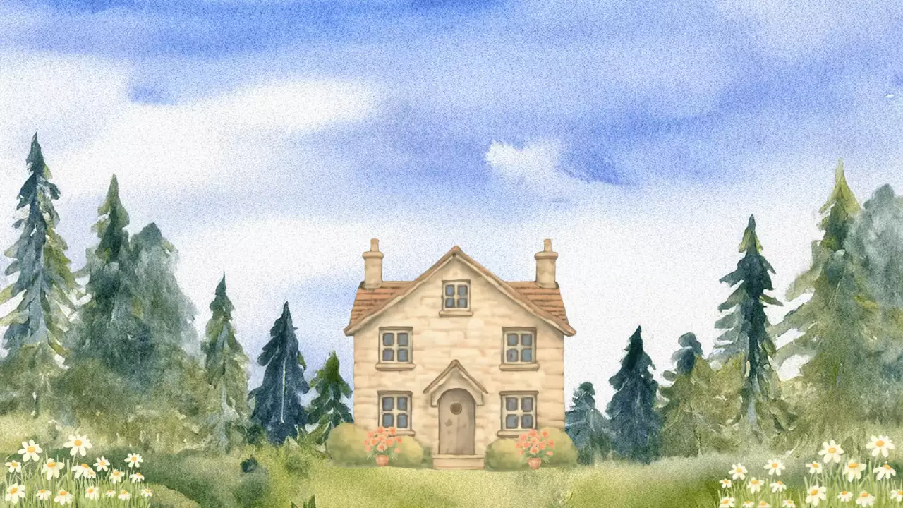 엽서에 담긴 푸른 하늘과 자연의 집 풍경