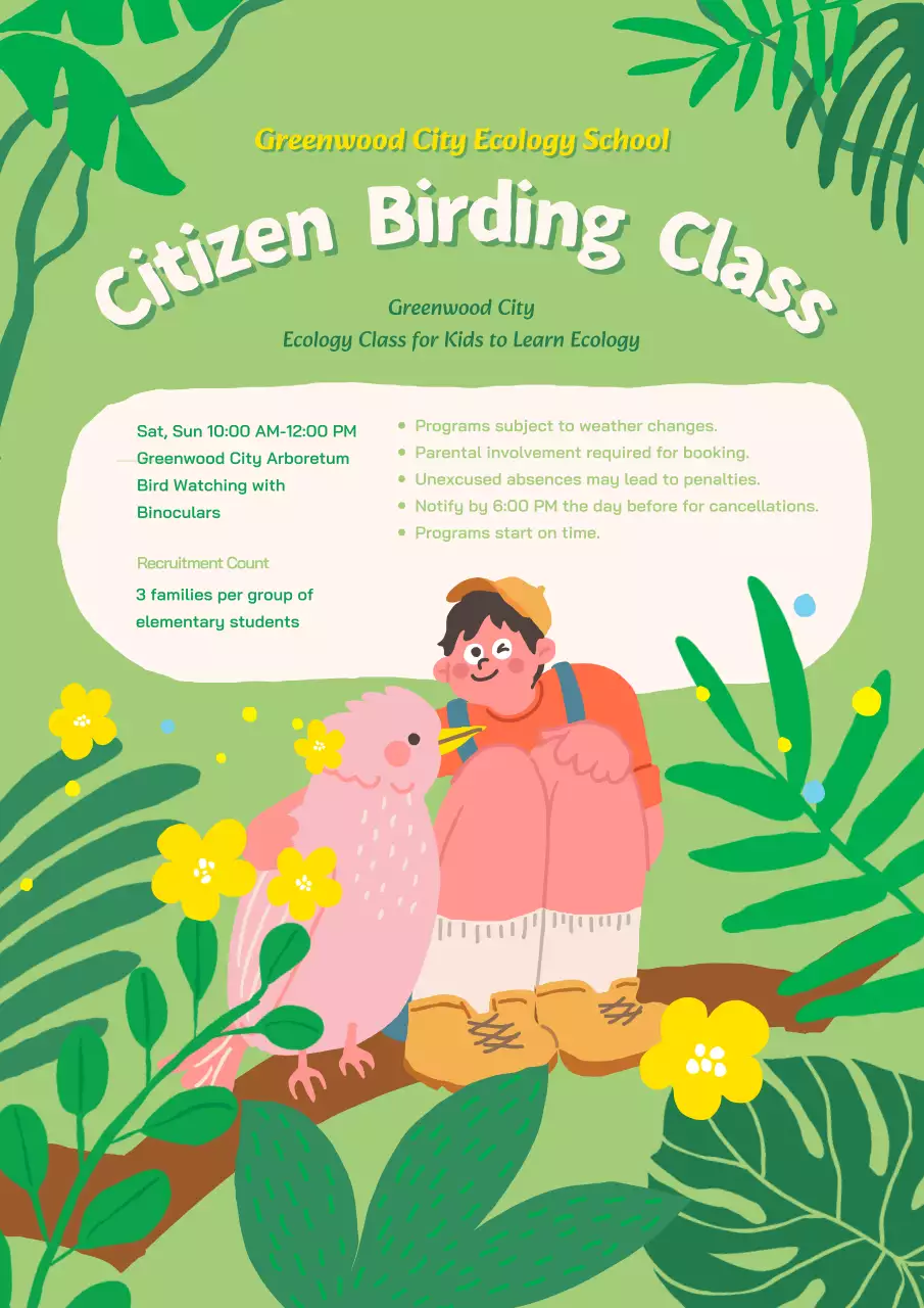 thông báo về lớp học quan sát chim vui nhộn màu xanh lá cây