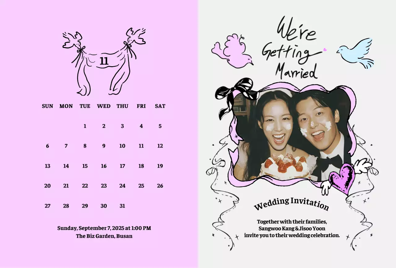 핑크 아기자기한 결혼 초대장