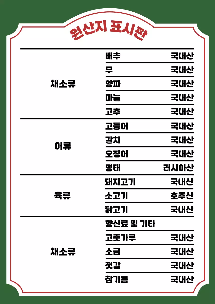 빨강 기본 식품 원산지 안내